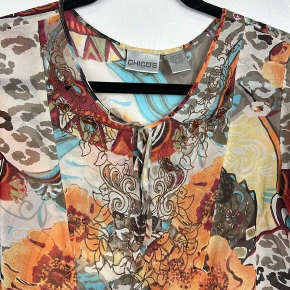 Chico’s Silk Floral Print Semi-Sheer Embroidered 3/4 Sleeve Top Blouse Size S - Picture 3 of 8